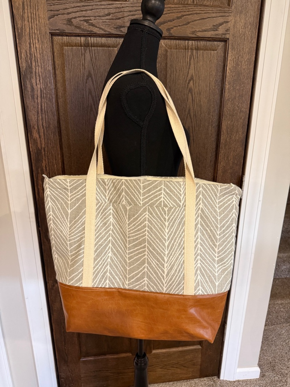 White and Gray Chevron Canvas Tote with Tan Faux Leather Base